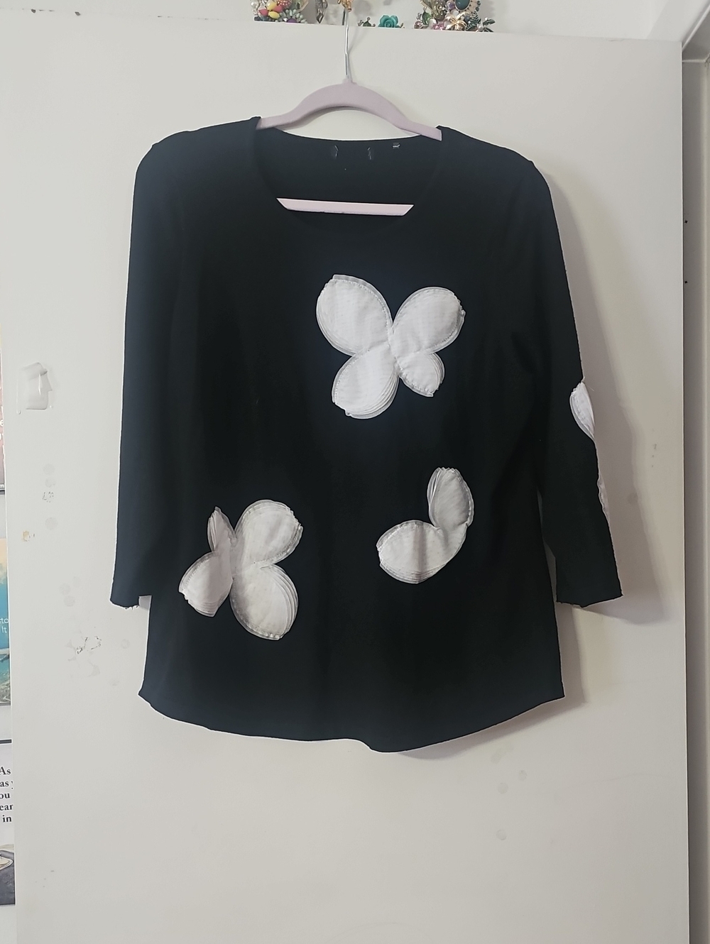 Black Flower Appliqué Tunic Top - Women's Elegant 3/4 Sleeve